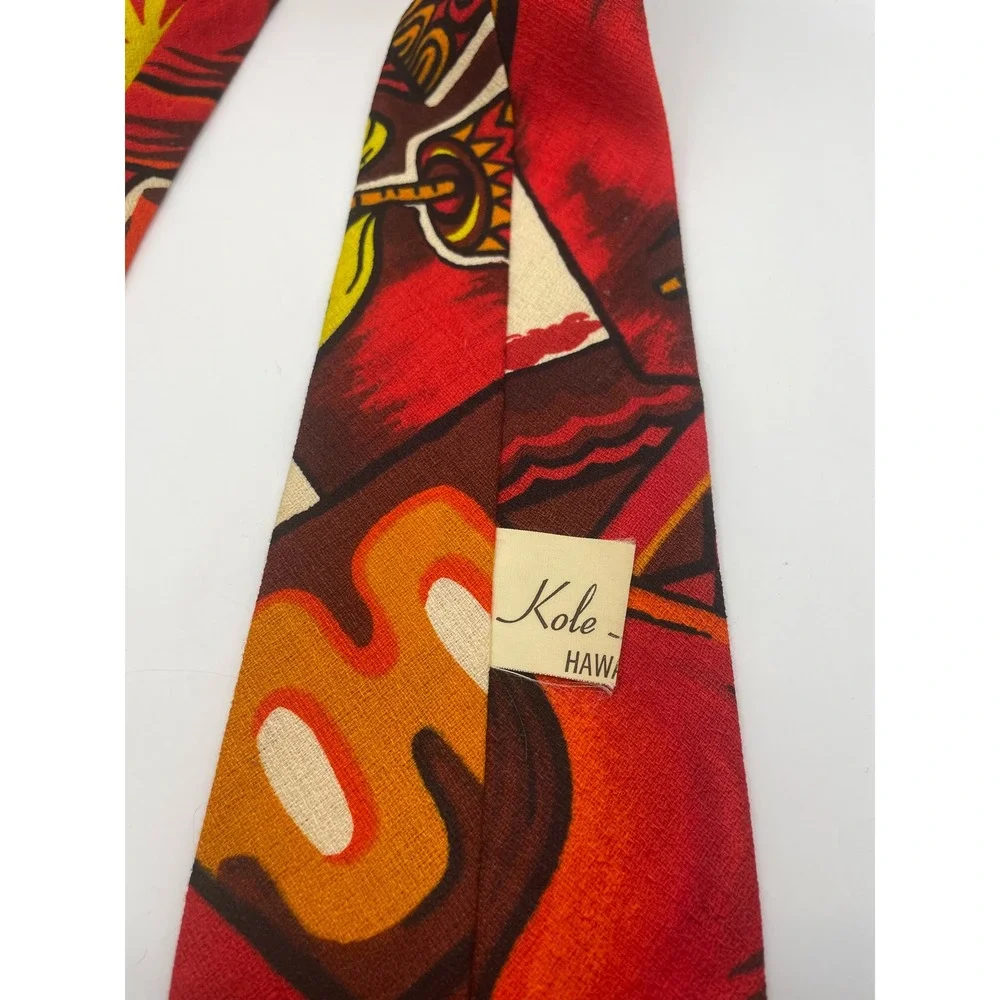 Vintage Kole Hawaii Mens Cotton Barkcloth Tie Red Orange Abstract Tiki Retro